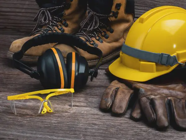 Safety gear: boots, helmet, gloves, goggles, earmuffs.