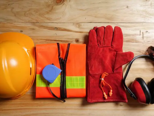 Safety gear: hard hat, gloves, vest, earmuffs.