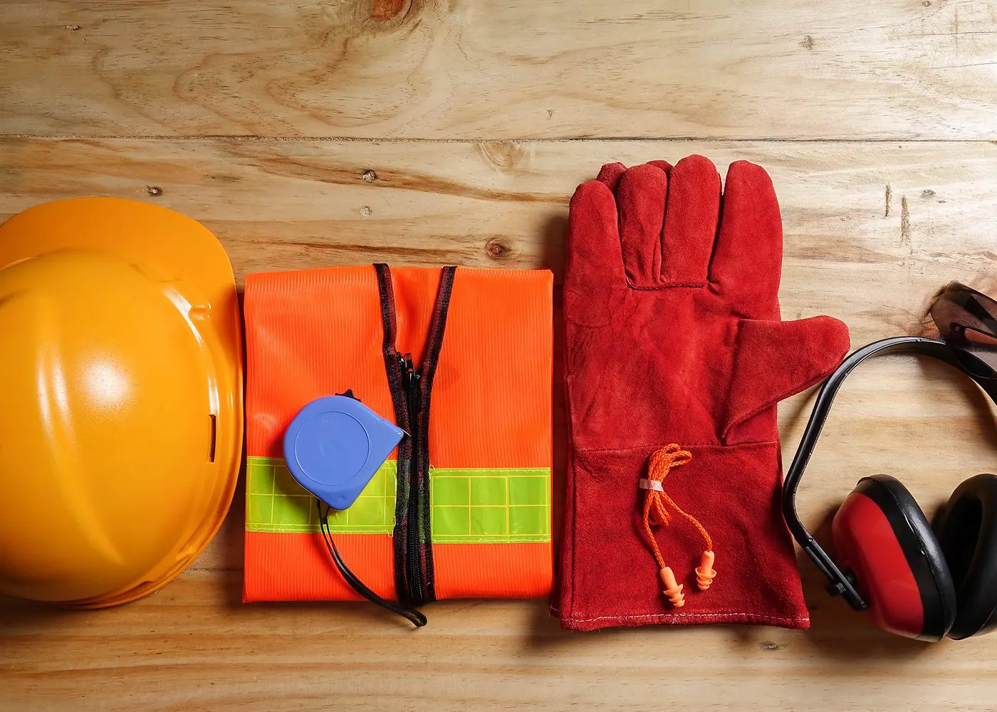 Safety gear: hard hat, gloves, vest, earmuffs.