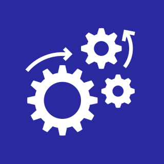 Gears and arrows on blue background.
