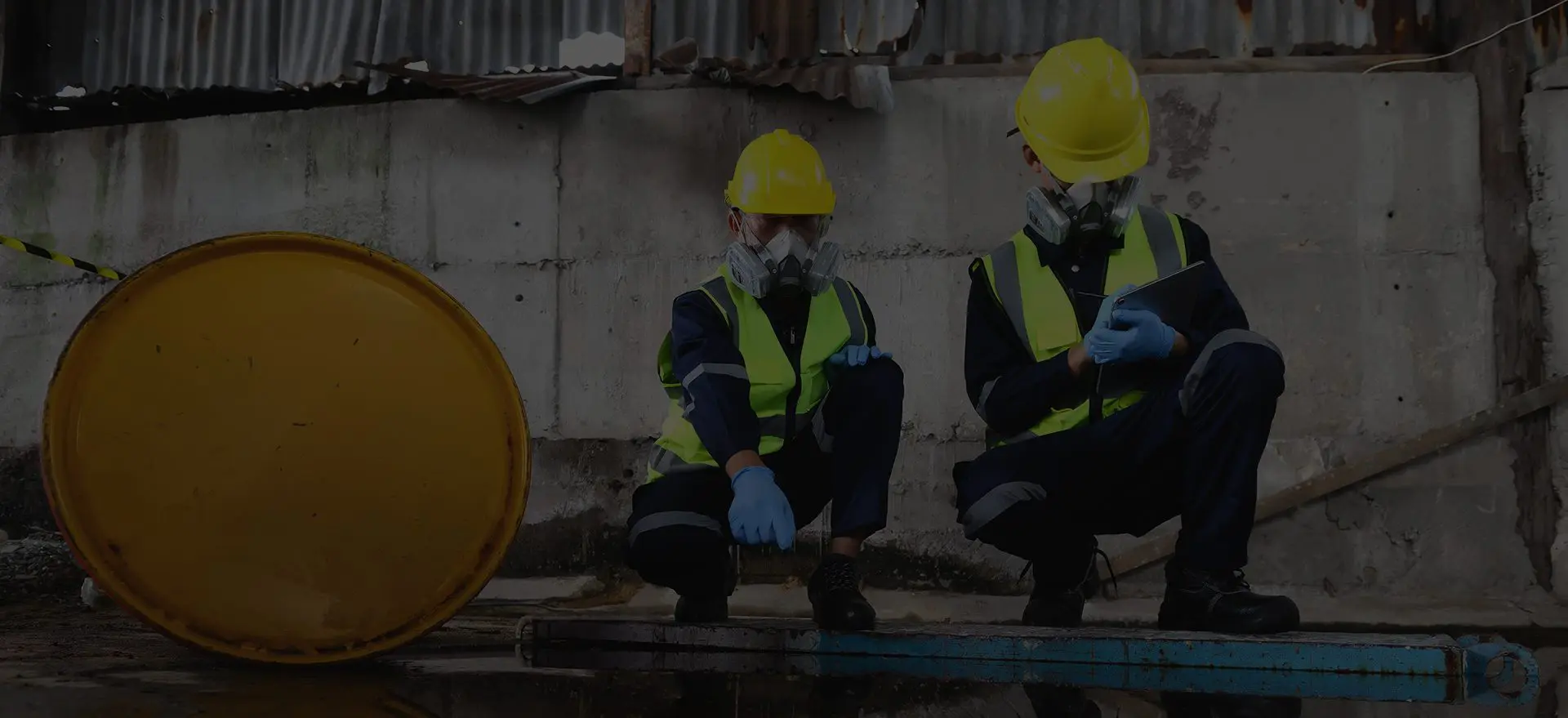 Workers inspecting hazardous waste in protective gear.