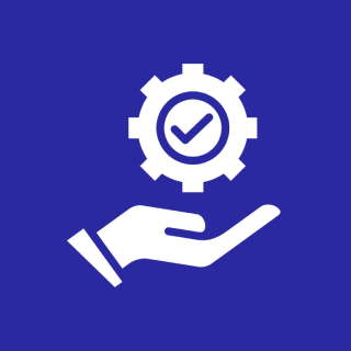 Hand supporting gear with checkmark icon.