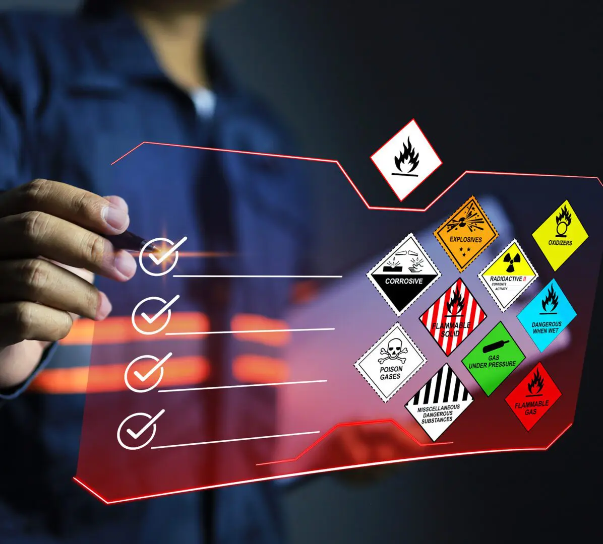 Holographic checklist with hazard symbols displayed.