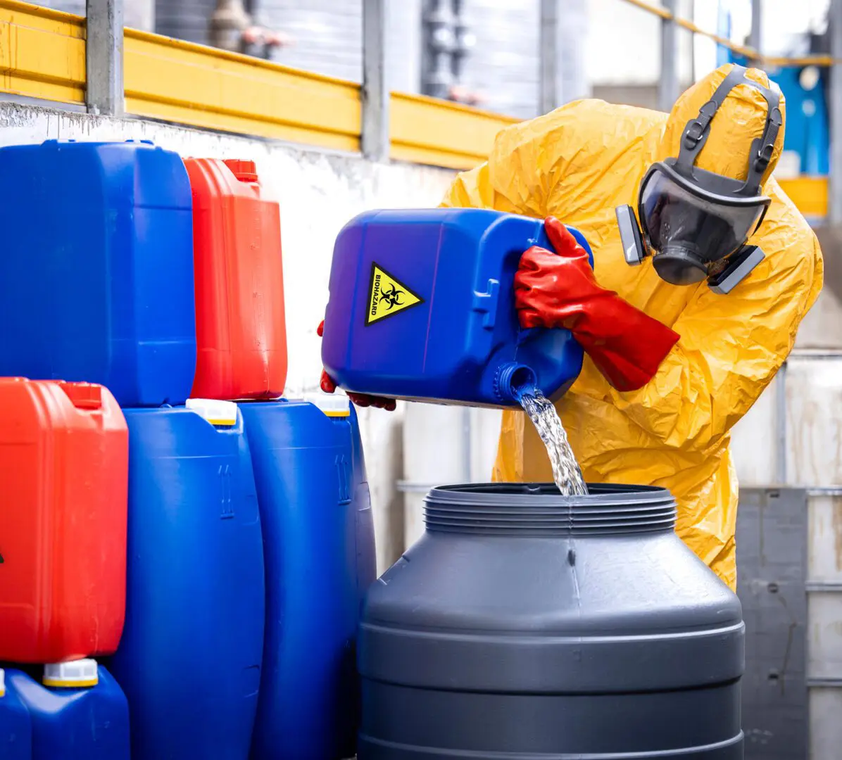 Person in hazmat suit pouring hazardous liquid.